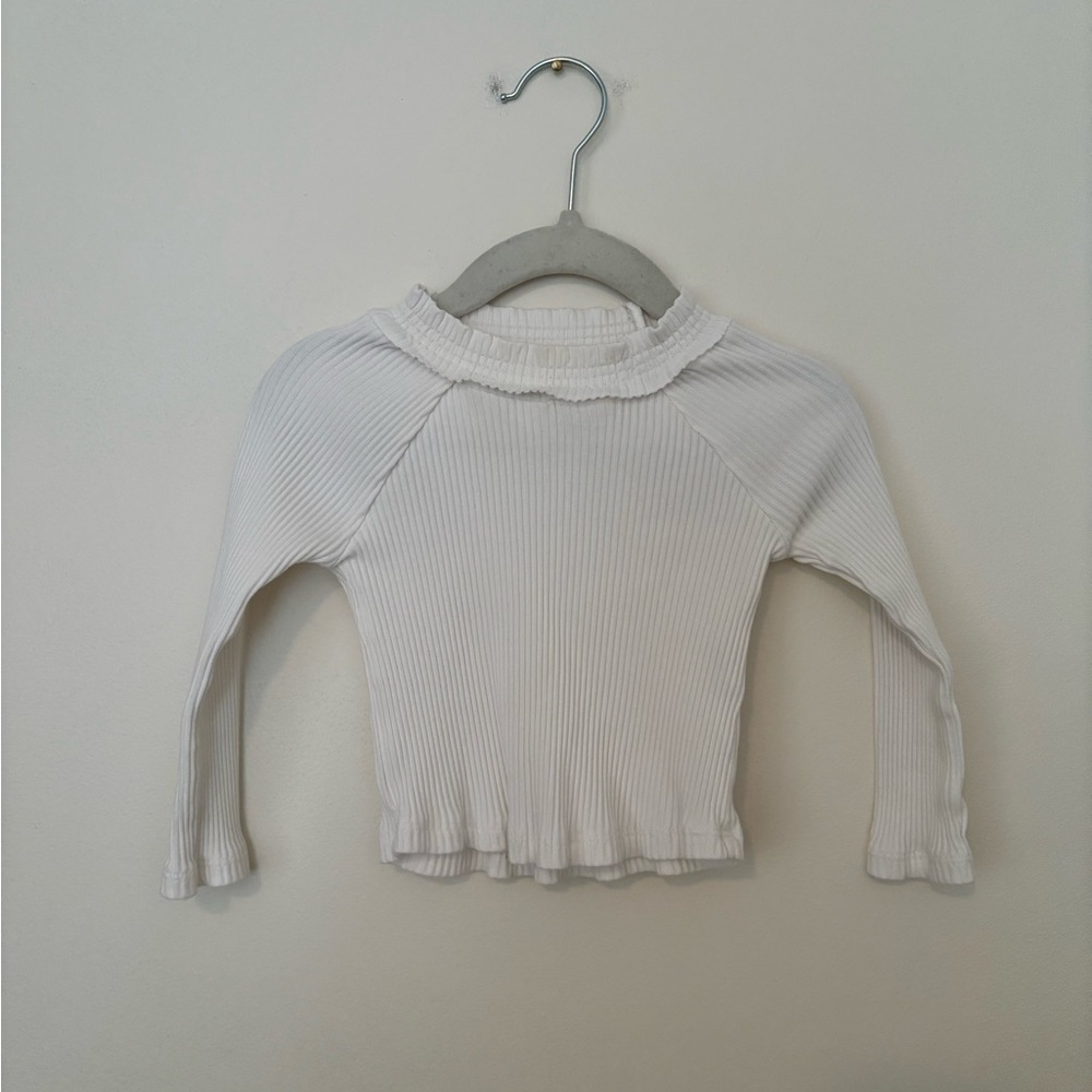Mud Pie White Ribbed Ruffle-Trim Long Sleeve Top